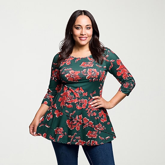 24seven Comfort Apparel Plus Womens Round Neck 3/4 Sleeve Tunic Top