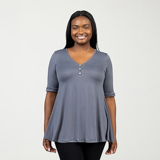 24seven Comfort Apparel Plus Womens V Neck Elbow Sleeve Tunic Top