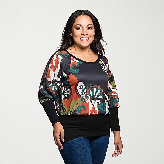 24seven Comfort Apparel Womens Plus Round Neck Long Sleeve Blouse
