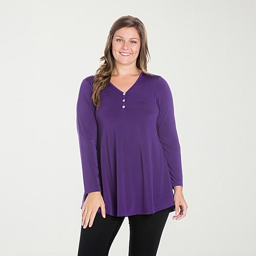 24seven Comfort Apparel Womens Plus Long Sleeve Regular Fit Henley Shirt, 3x, Purple
