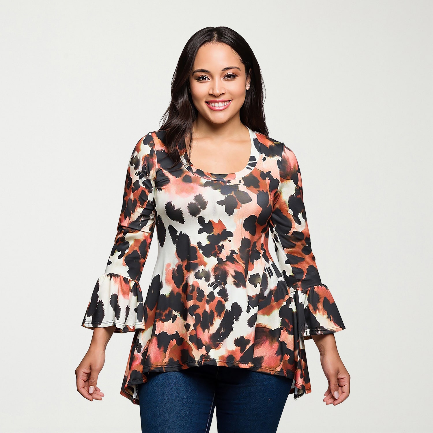 24seven Comfort Apparel Plus Womens U Neck Long Sleeve Tunic Top