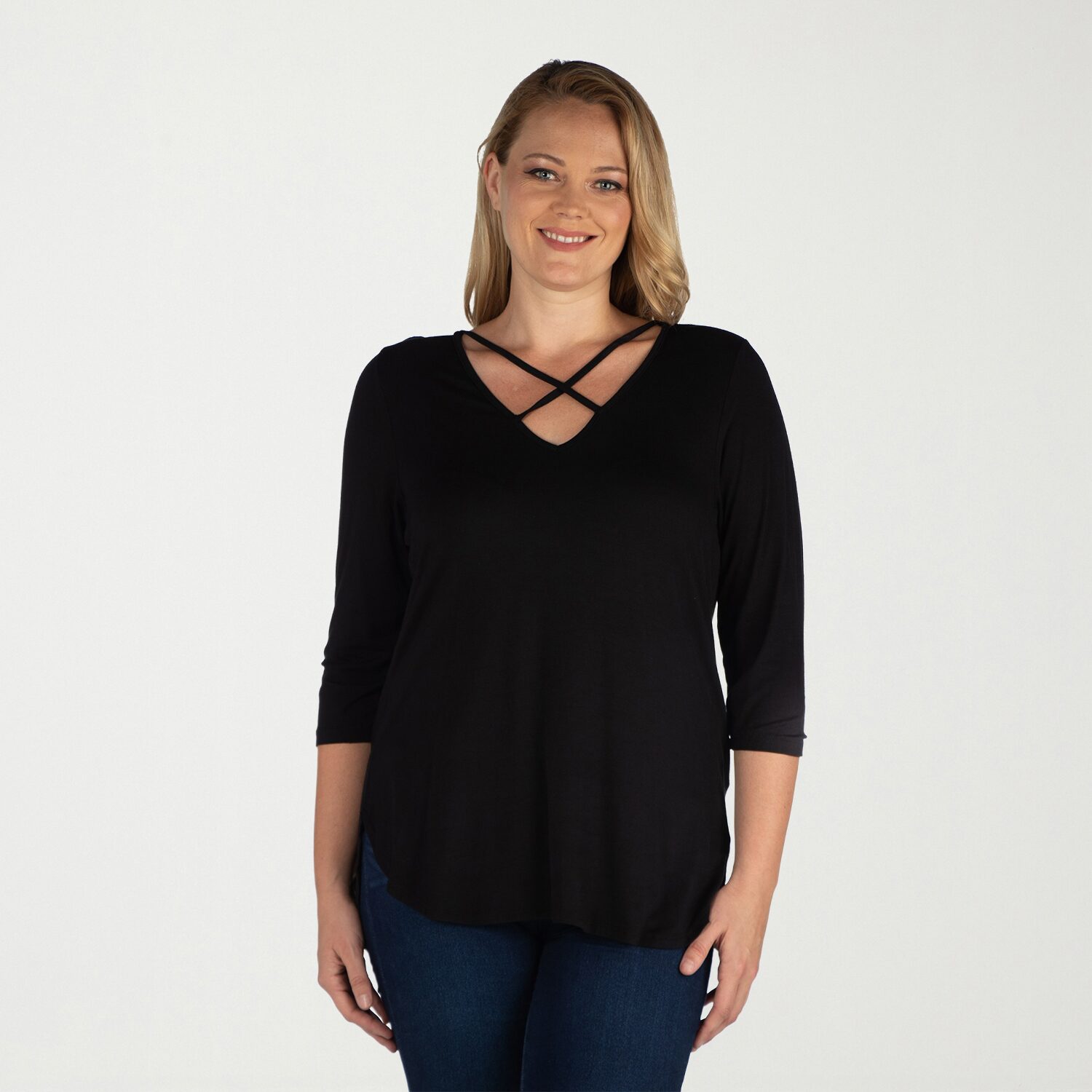 24seven Comfort Apparel Plus Womens V Neck 3/4 Sleeve Tunic Top