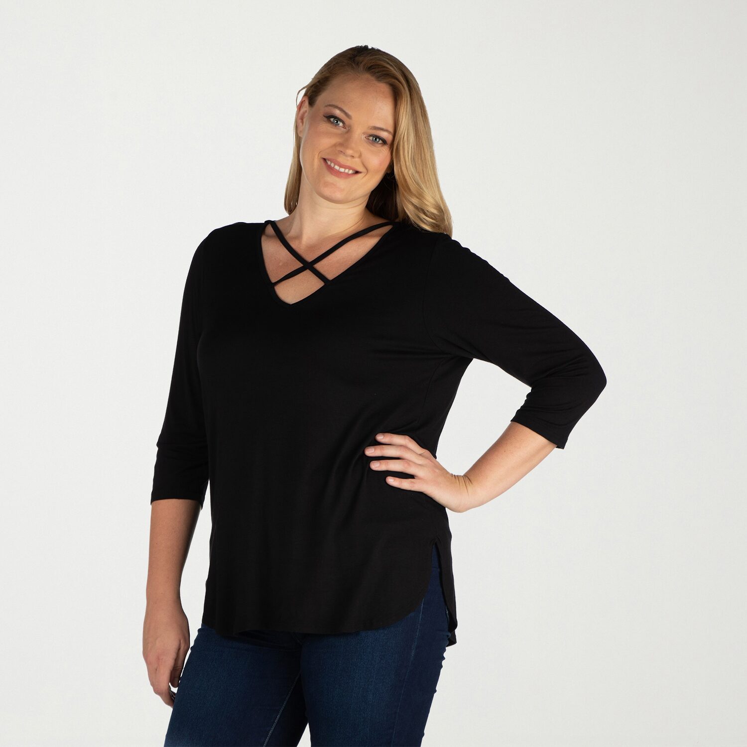 24seven Comfort Apparel Plus Womens V Neck 3/4 Sleeve Tunic Top