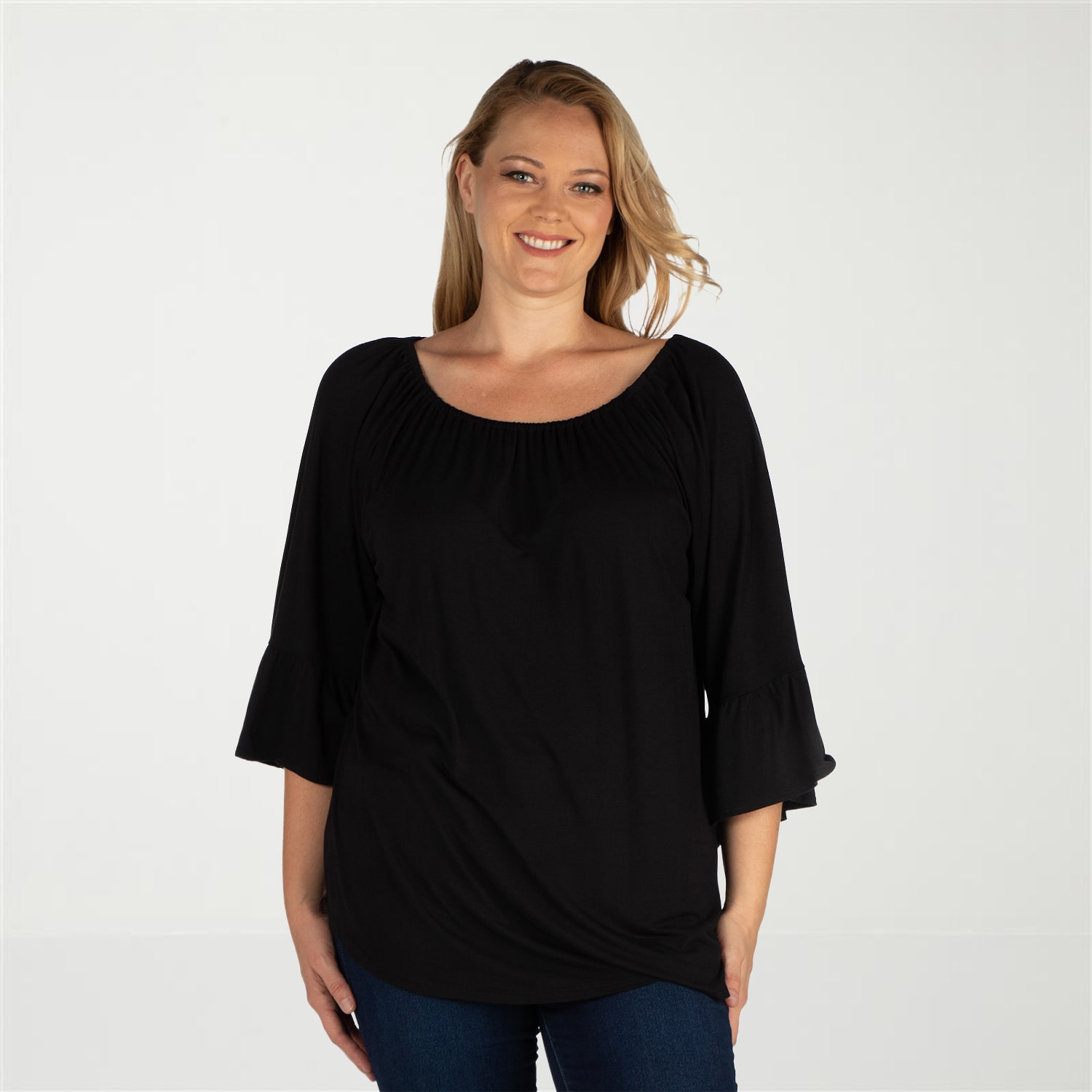 24seven Comfort Apparel Plus Womens Boat Neck 3/4 Sleeve Tunic Top