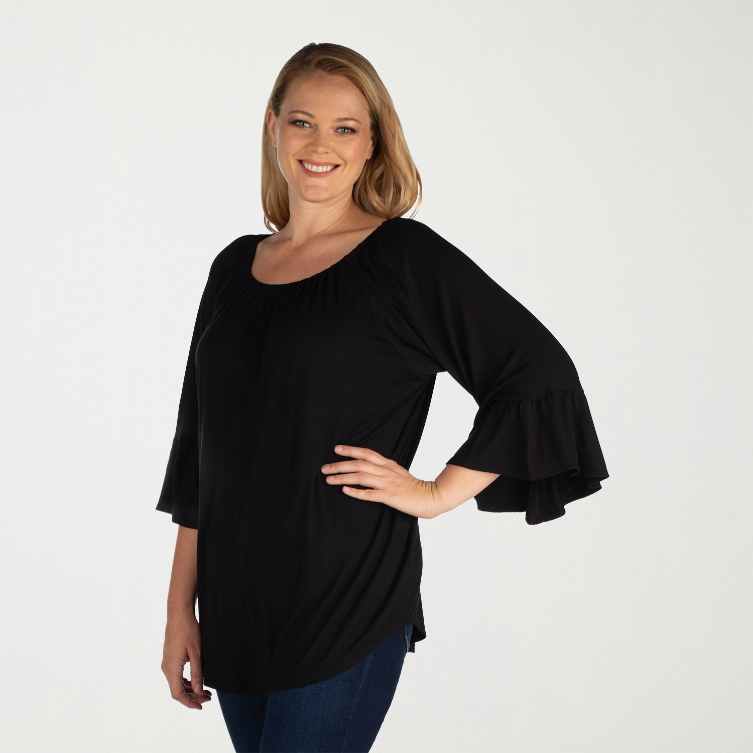 24seven Comfort Apparel Plus Womens Boat Neck 3/4 Sleeve Tunic Top