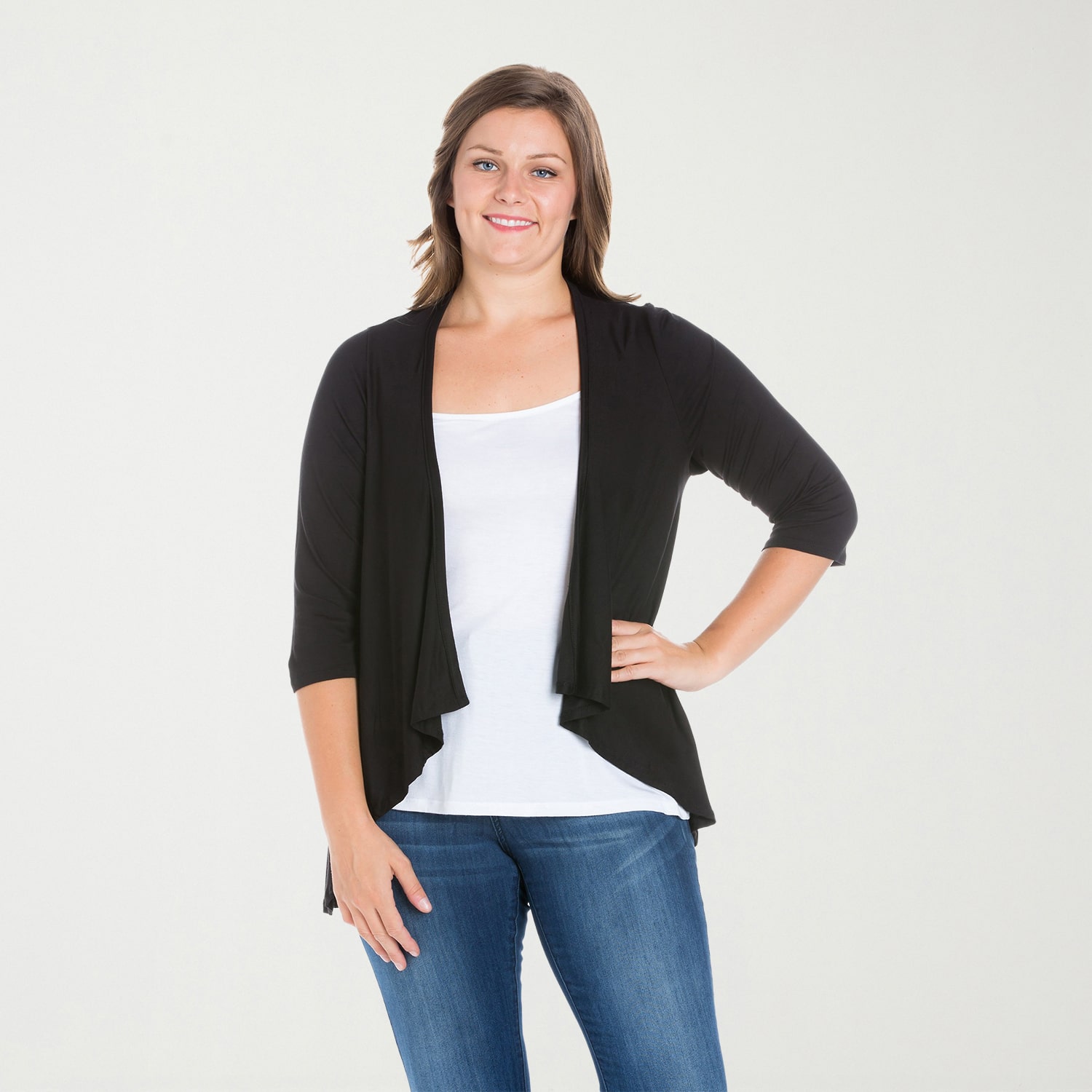 24seven Comfort Apparel Womens Elbow Sleeve Open Front Plus Cardigan