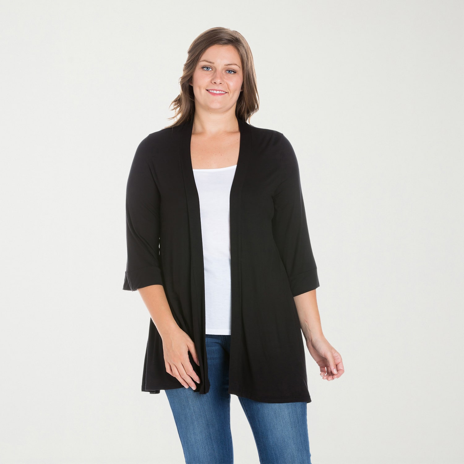 24seven Comfort Apparel Womens Elbow Sleeve Open Front Plus Cardigan