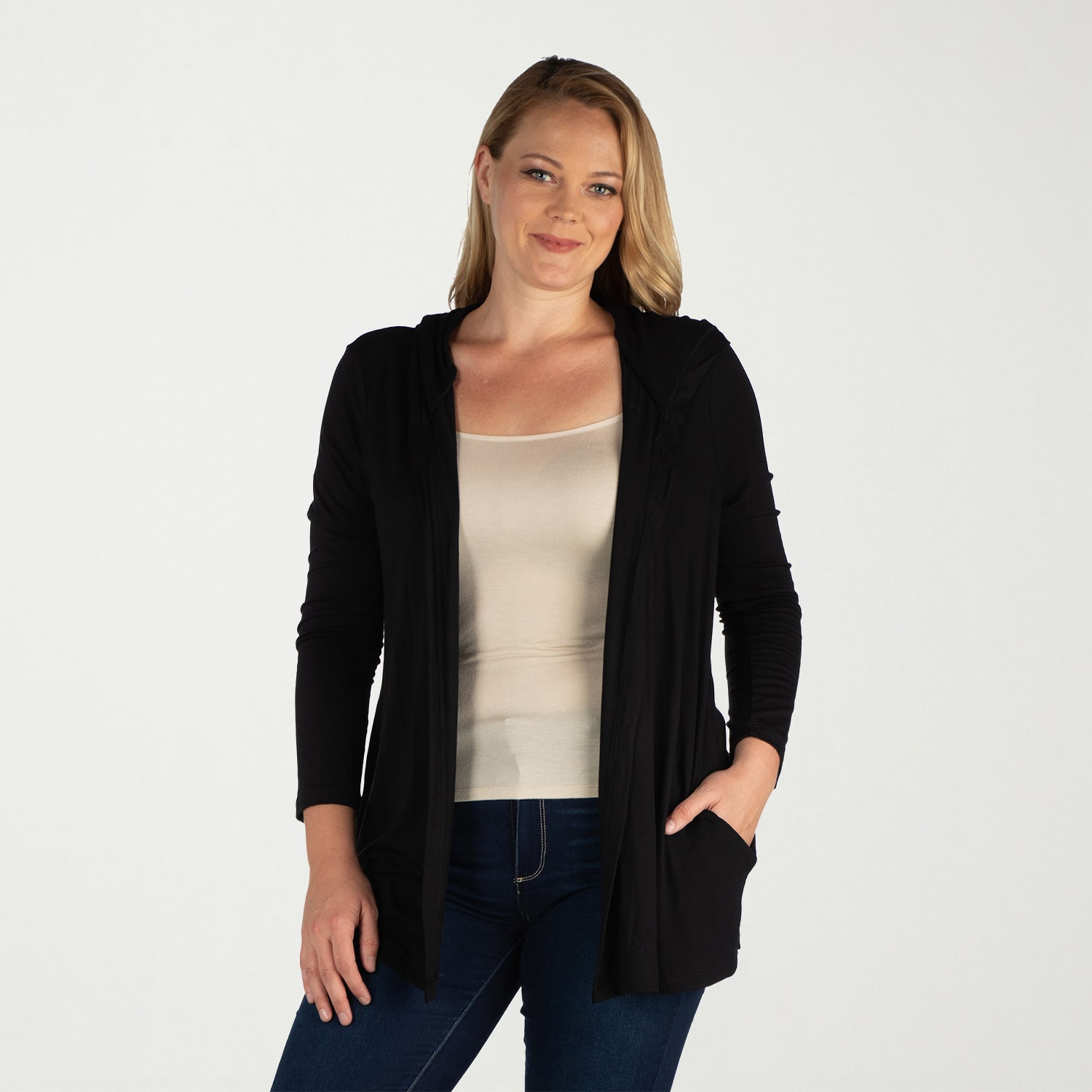 24seven Comfort Apparel Womens Hooded Long Sleeve Open Front Plus Cardigan