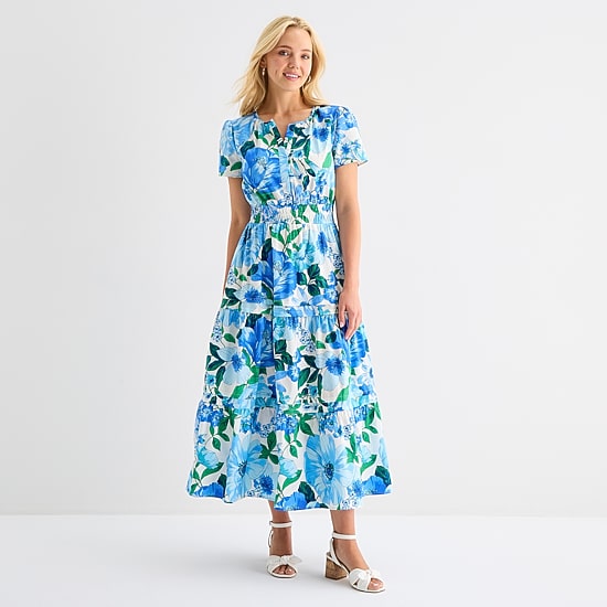 Be by CHETTA B Womens Split Crew Neck Short Sleeve Fitted Maxi Dress