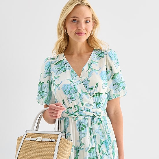 MSK Womens V Neck Short Sleeve Puffed Maxi Dress