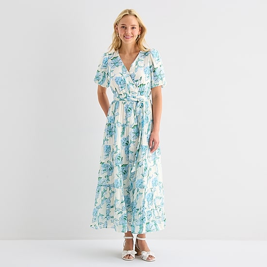 MSK Womens V Neck Short Sleeve Puffed Maxi Dress