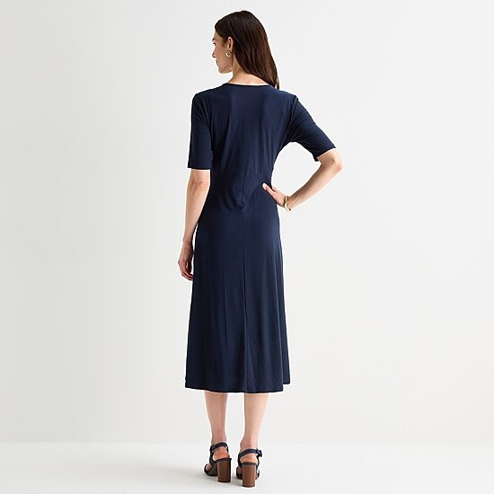 MSK Womens Midi V Neck Short Sleeve Fitted Fit + Flare Dress