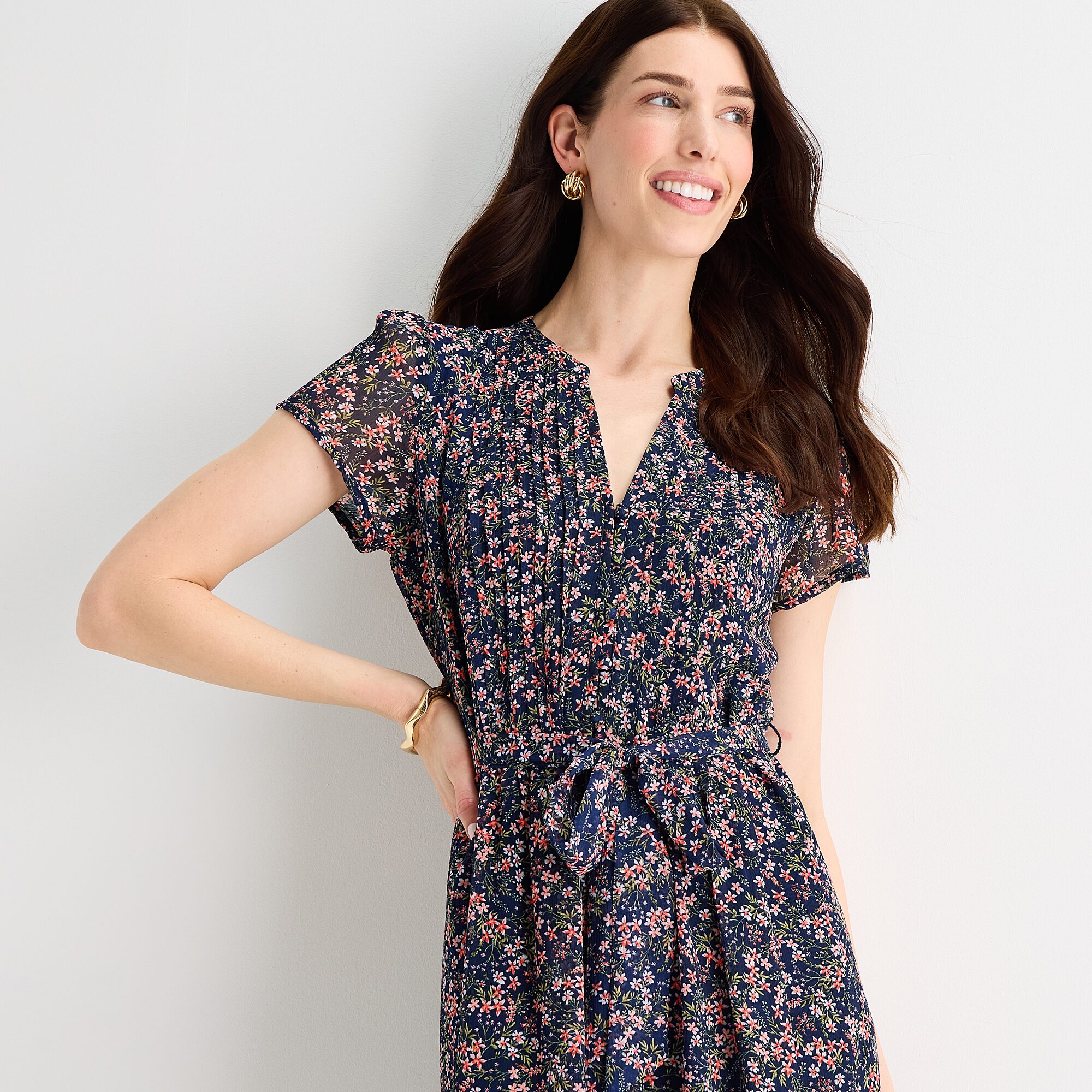 MSK Womens Split Crew Neck Short Sleeve Cap Floral Fit + Flare Dress