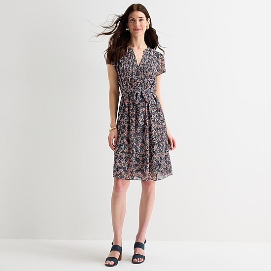 msk short sleeve midi fit flare dress MSK Womens Split Crew Neck Short Sleeve Cap Floral Fit + Flare Dress,  Color: Candlelight Peach