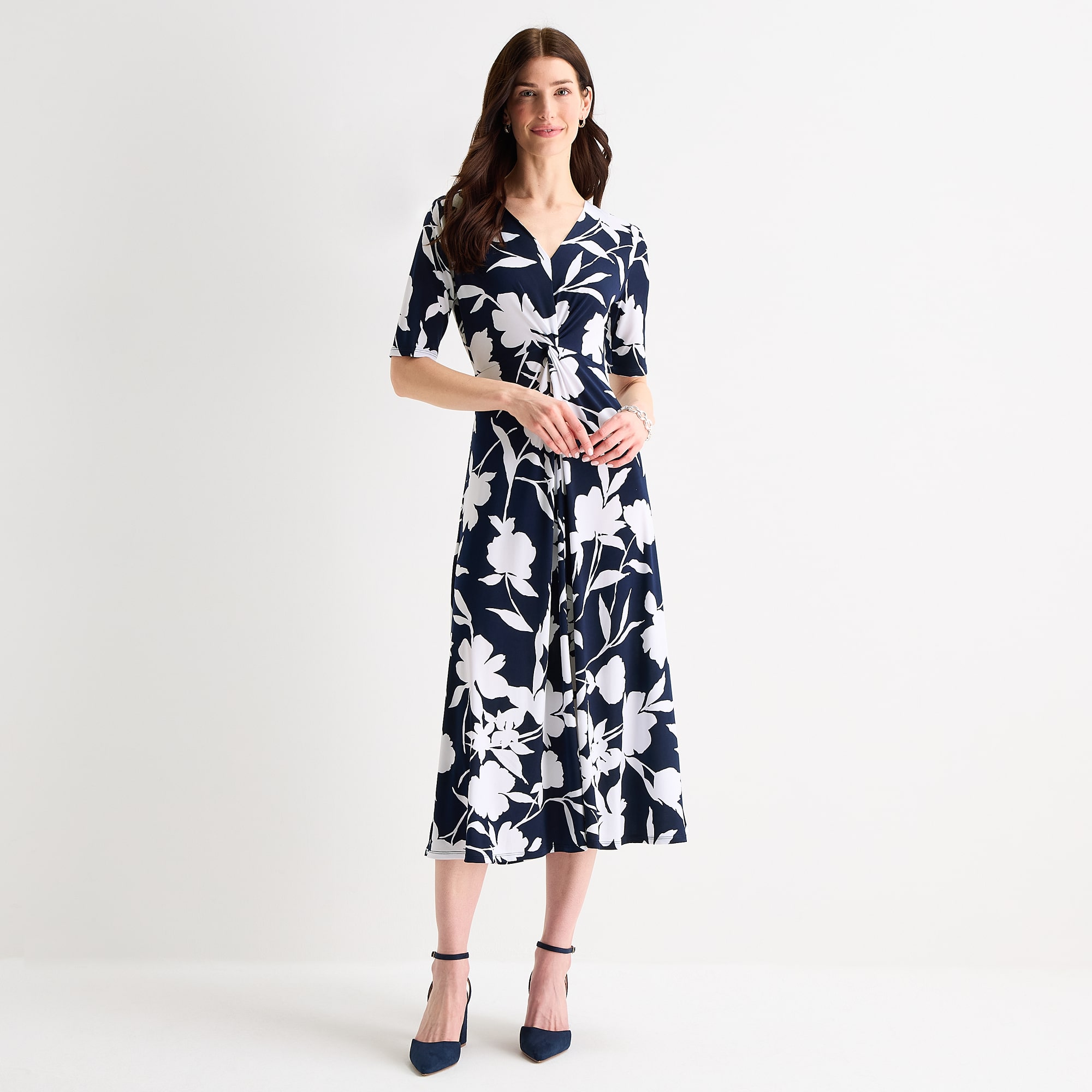MSK Womens Midi V Neck Short Sleeve Fitted Floral Fit + Flare Dress