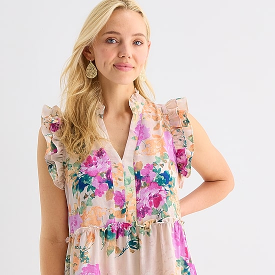 52seven Womens Midi V Neck Sleeveless Flutter Floral Fit + Flare Dress