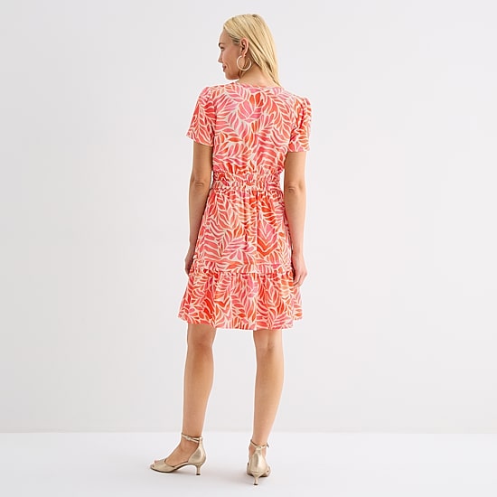 Be by CHETTA B Womens Notch Neck Short Sleeve Fitted Leaf Fit + Flare Dress