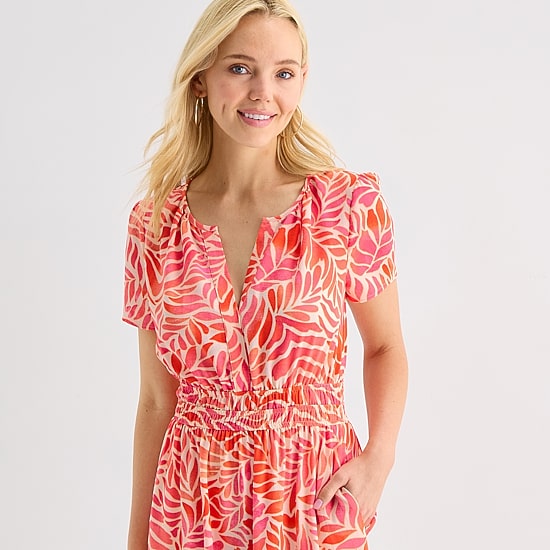 Be by CHETTA B Womens Notch Neck Short Sleeve Fitted Leaf Fit + Flare Dress