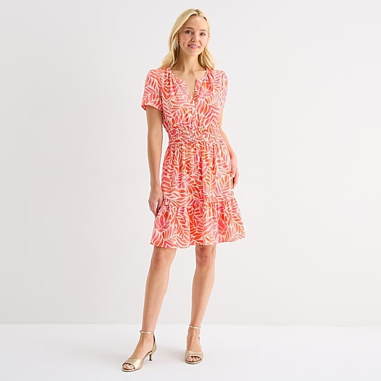 Be by CHETTA B Womens Notch Neck Short Sleeve Fitted Leaf Fit + Flare Dress