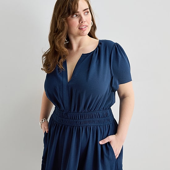 Be by CHETTA B Womens Plus Split Crew Neck Short Sleeve Fitted Fit + Flare Dress