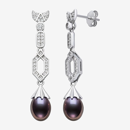 Limited Quantities! Womens Dyed Black Cultured Freshwater Pearl Sterling Silver Drop Earrings