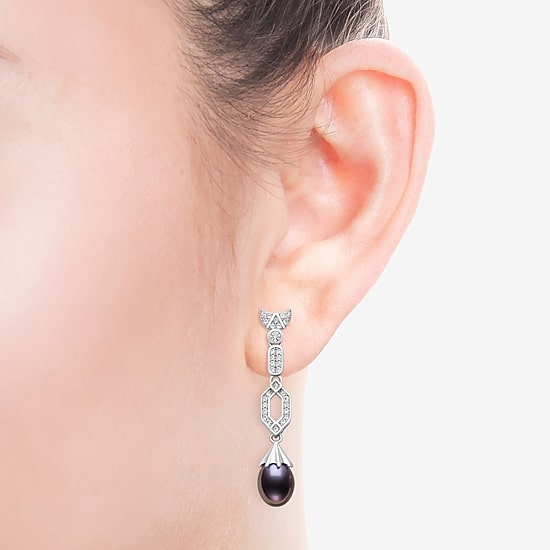 Limited Quantities! Womens Dyed Black Cultured Freshwater Pearl Sterling Silver Drop Earrings