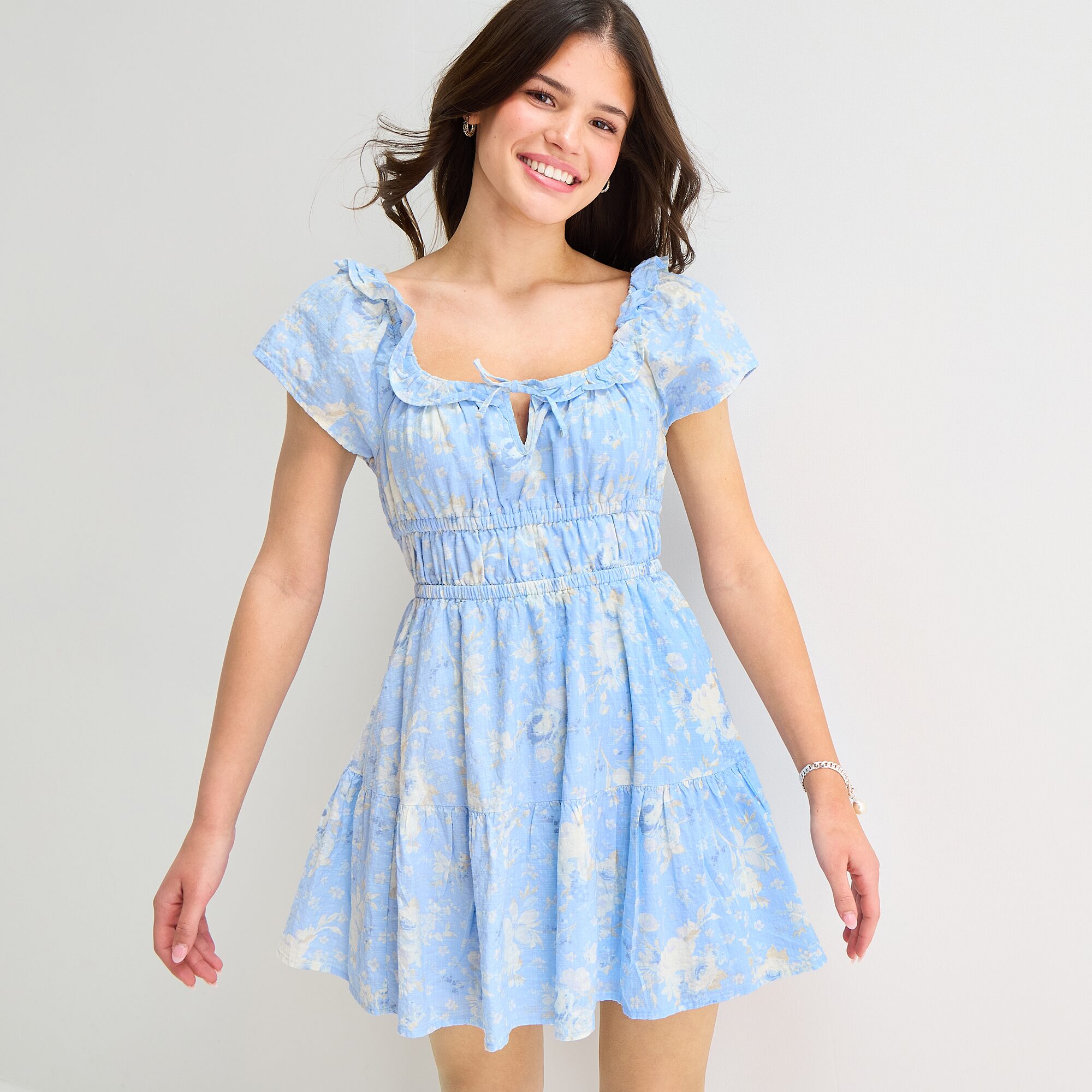 Arizona Womens Juniors Square Neck Short Sleeve Floral Empire Waist Dress