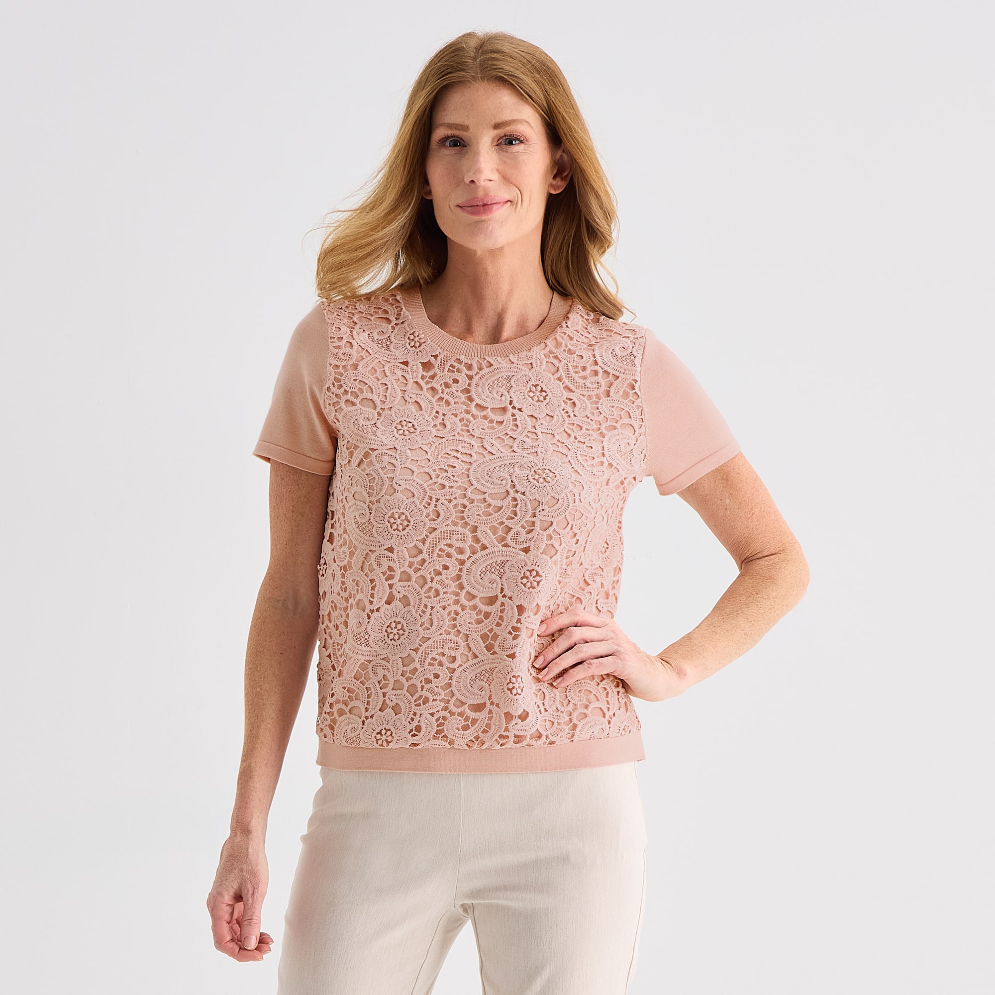 Liz Claiborne Lace Womens Crew Neck Short Sleeve Pullover Sweater