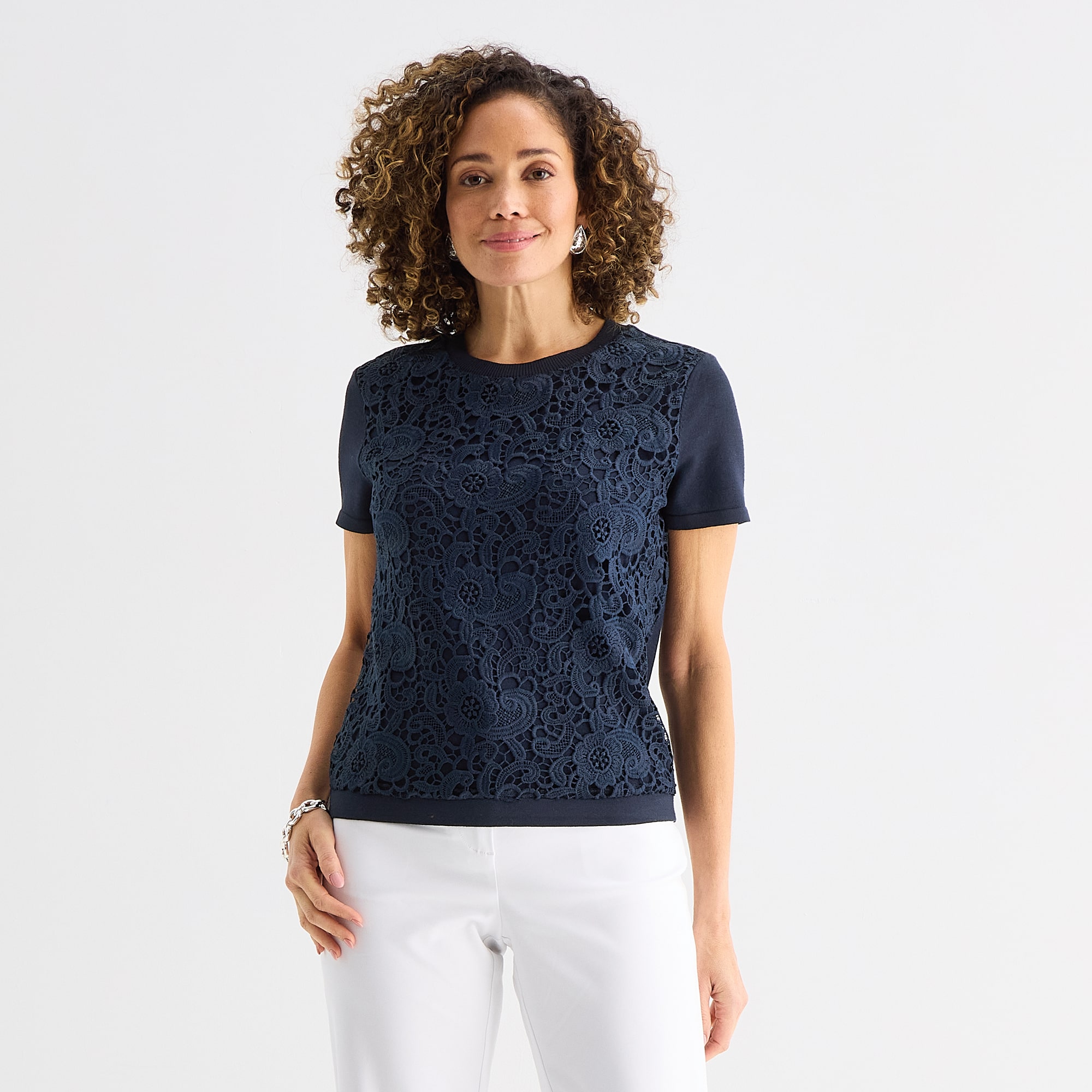 Liz Claiborne Lace Womens Crew Neck Short Sleeve Pullover Sweater