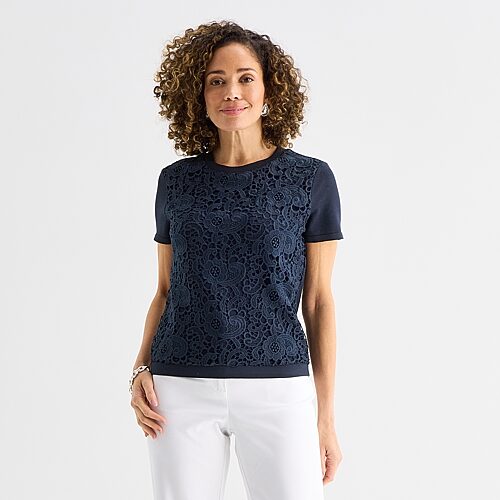 Liz Claiborne Lace Womens Crew Neck Short Sleeve Pullover Sweater, X-small, Blue