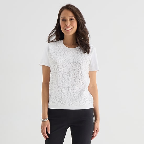 Liz Claiborne Lace Womens Crew Neck Short Sleeve Pullover Sweater