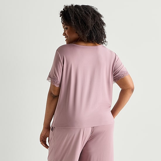 Ambrielle Womens Round Neck Short Sleeve Plus Pajama Top