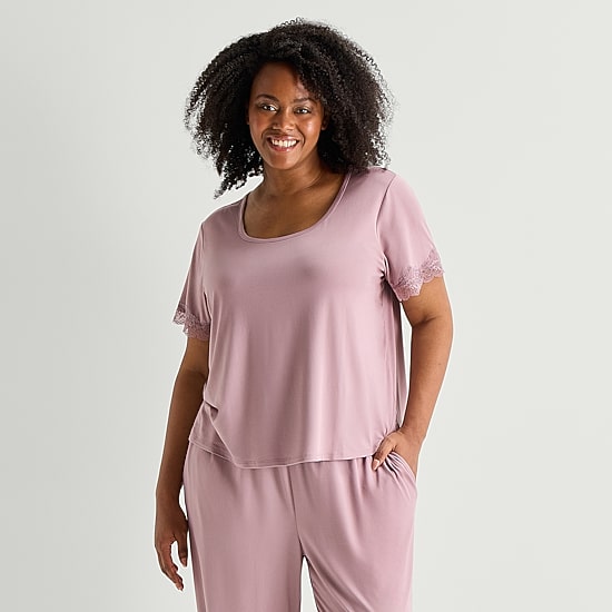 Ambrielle Womens Round Neck Short Sleeve Plus Pajama Top