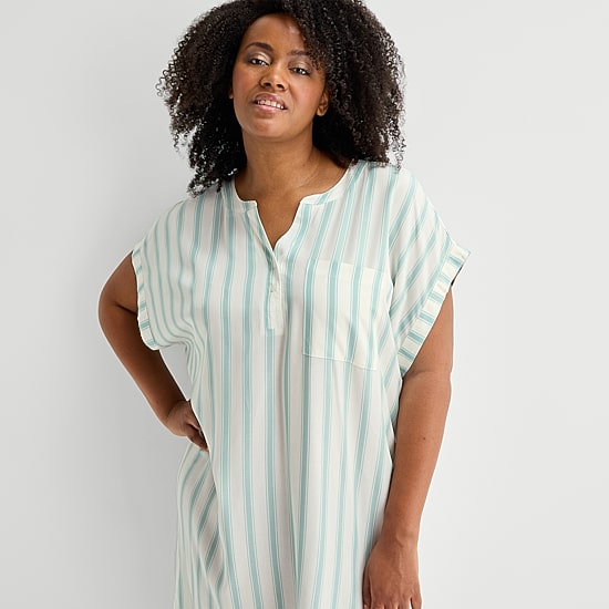 Liz Claiborne Cool and Calm Womens Plus Short Sleeve Y Neck Nightshirt