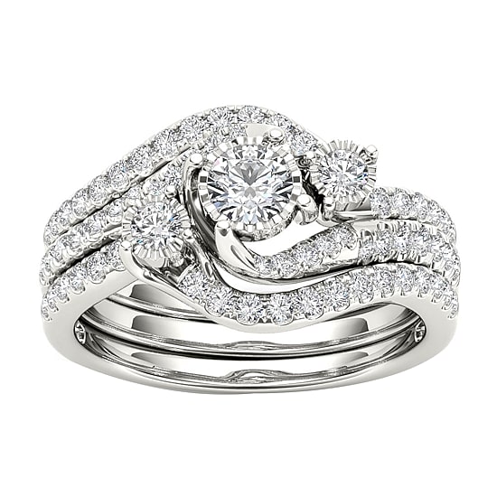 Love Lives Forever Womens 3/4 CT. T.W. Natural White Diamond 14K Gold Round 3-Stone Bypass  Bridal Set