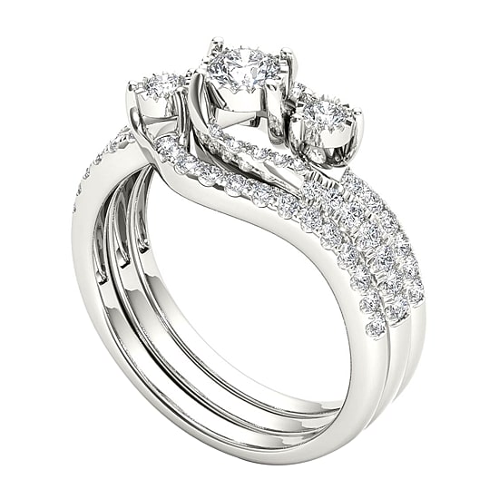 Love Lives Forever Womens 3/4 CT. T.W. Natural White Diamond 14K Gold Round 3-Stone Bypass  Bridal Set
