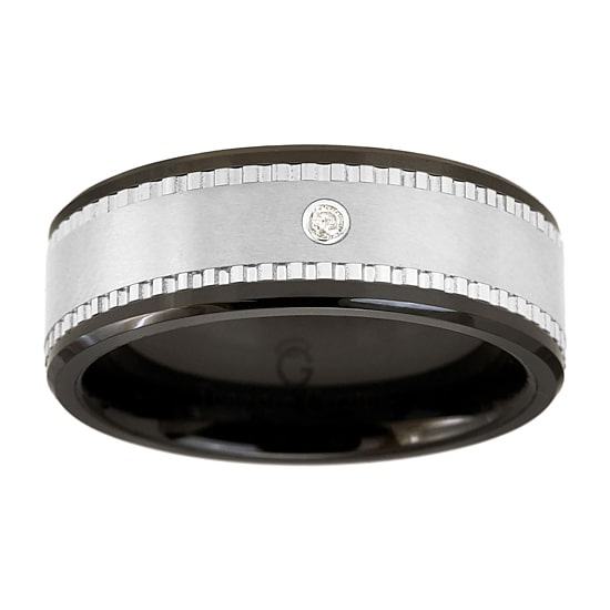  Men's Black Ceramic Ring w/ Tungsten & Diamond Accent