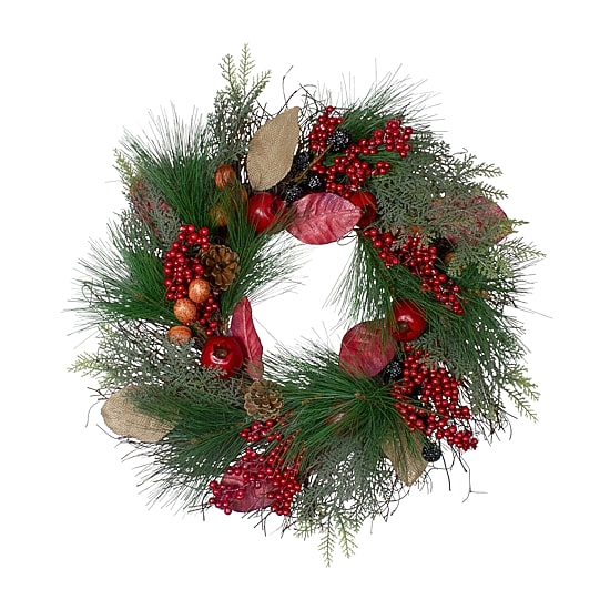 Autumn Harvest Pine  Berry and Pomegranate Wreath  24 inch  Unlit