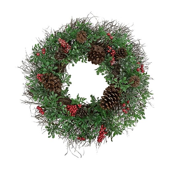 Glittered Pine Cone and Red Berry Artificial Christmas Wreath  24-Inch  Unlit