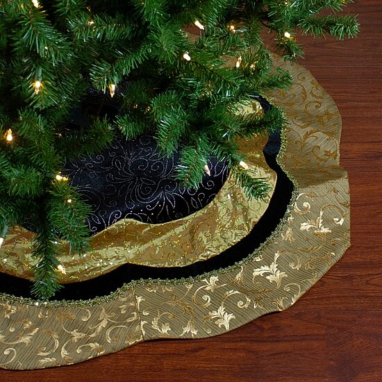 48'' Black and Gold Velveteen Floral Scallop Christmas Tree Skirt