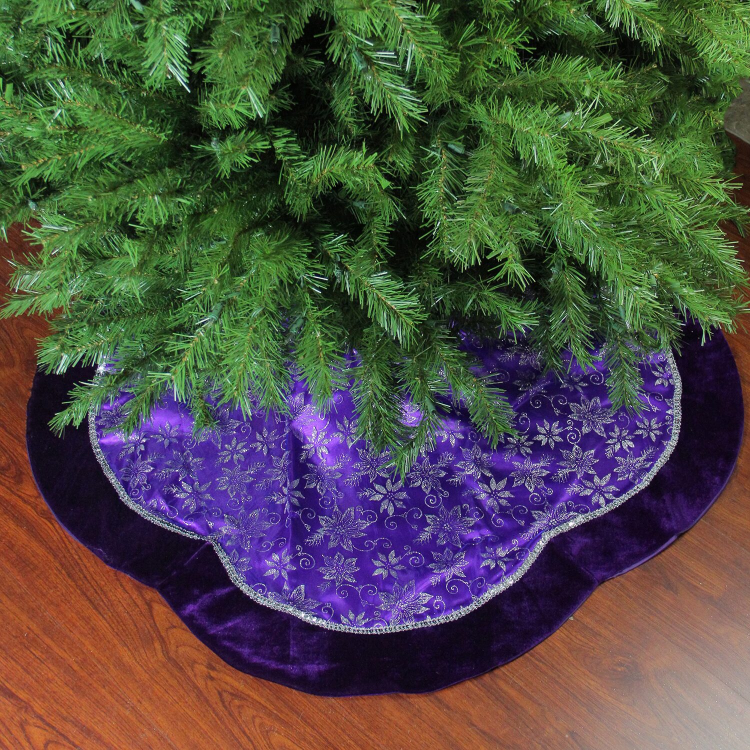 48'' Purple and Silver Glittered Floral Christmas Tree Skirt