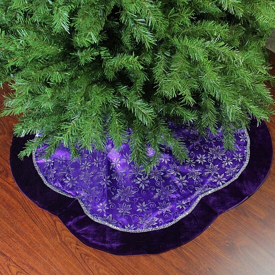 48'' Purple and Silver Glittered Floral Christmas Tree Skirt