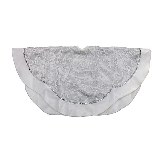 48'' Silver and White Floral Trimmed Christmas Tree Skirt