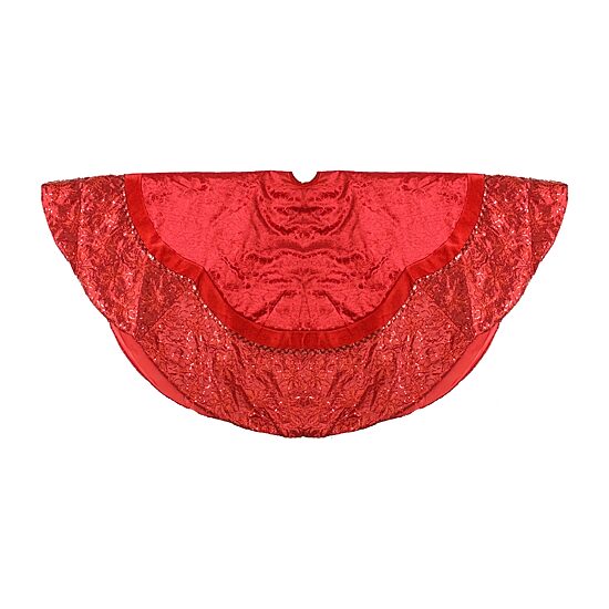 60'' Red Velvet Damask Sequin Embroidered Poinsettia Trimmed Scalloped Edge Christmas Tree Skirt