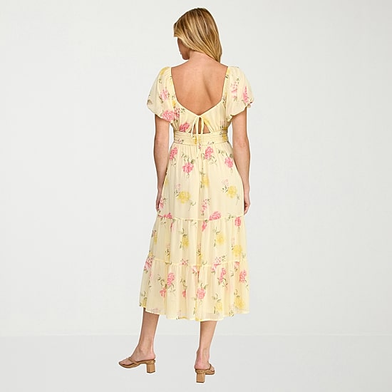 Trixxi Womens Juniors Midi Sweetheart Neck Short Sleeve Floral A-Line Dress