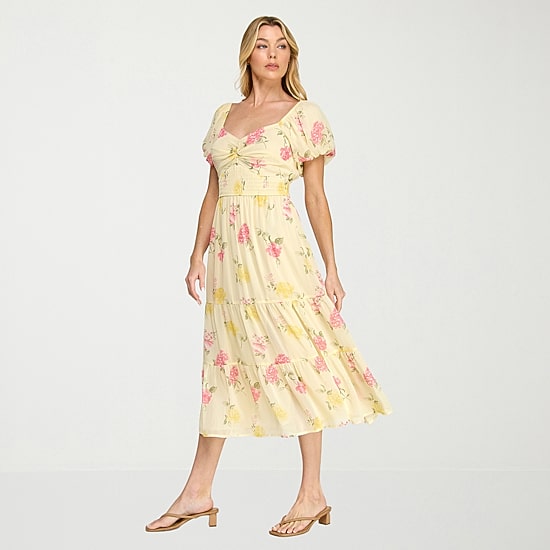 Trixxi Womens Juniors Midi Sweetheart Neck Short Sleeve Floral A-Line Dress