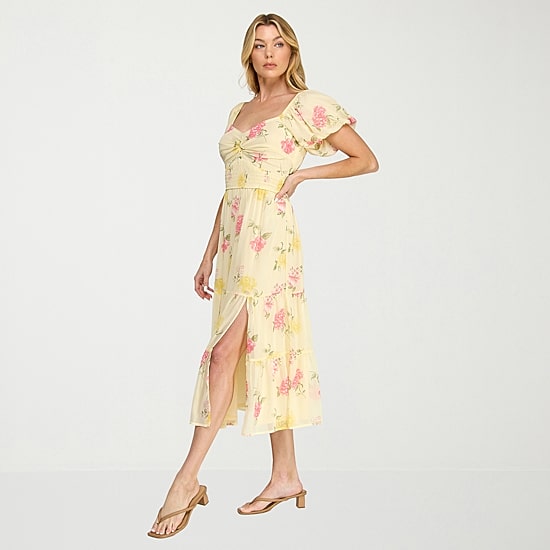 Trixxi Womens Juniors Midi Sweetheart Neck Short Sleeve Floral A-Line Dress
