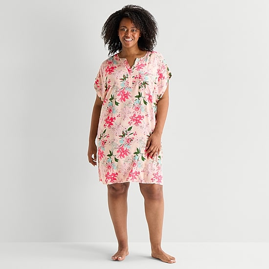 Liz Claiborne Cool and Calm Womens Plus Short Sleeve Y Neck Nightshirt