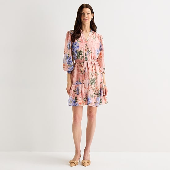 Isabel & Nina Womens V Neck 3/4 Sleeve Balloon Floral Fit + Flare Dress