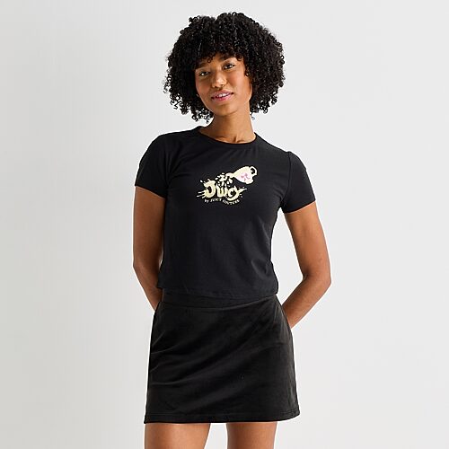 Juicy By Juicy Couture Womens Juniors Crew Neck Short Sleeve Regular Fit Graphic T-Shirt, Small, Black